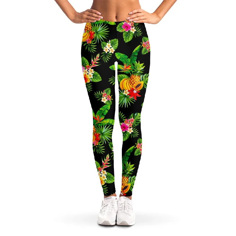 Black Tropical Hawaiian Pattern Print Women's Leggings