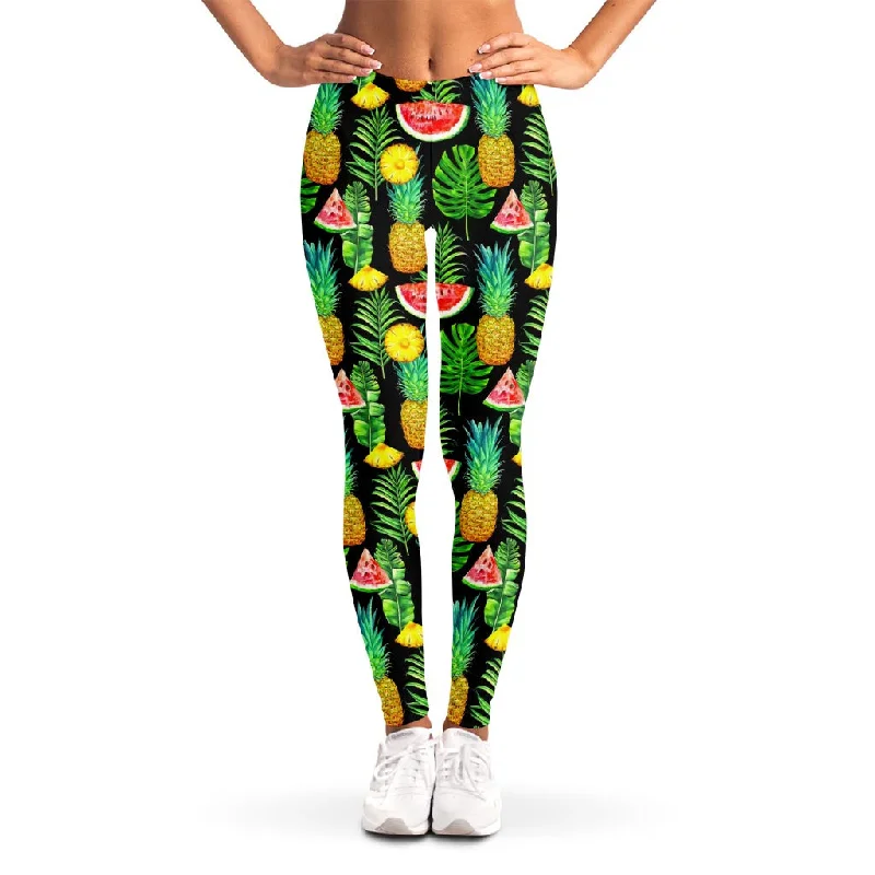 Black Tropical Pineapple Pattern Print Women's Leggings