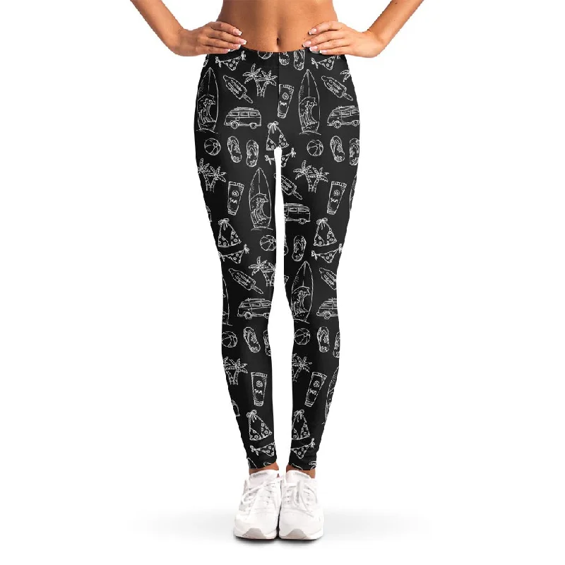 Black White Surfing Pattern Print Women's Leggings