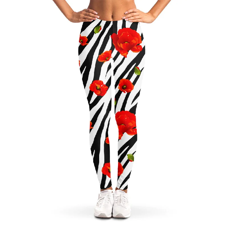 Black White Zebra Flower Pattern Print Women's Leggings