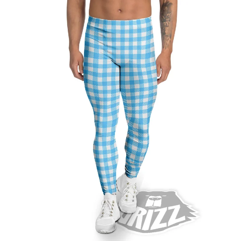 Blue Cyan And White Gingham Print Men's Leggings