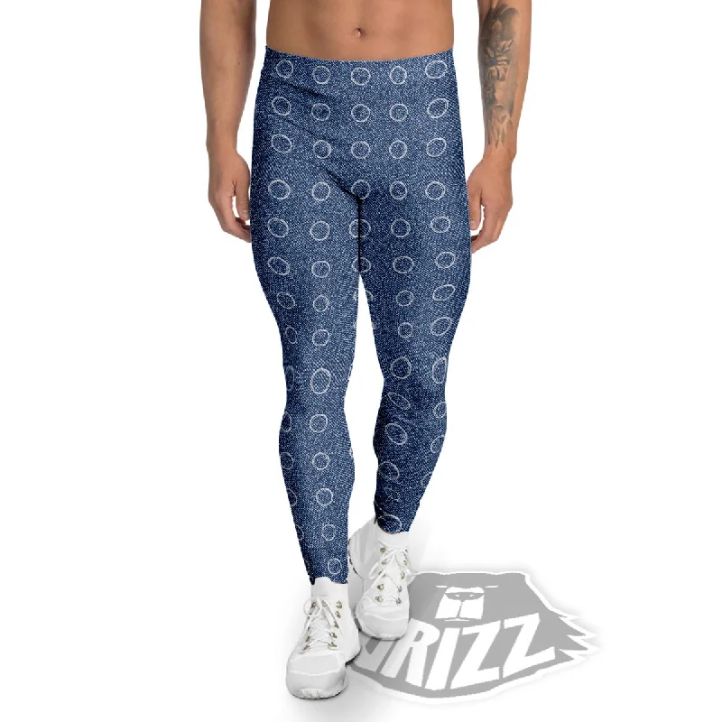 Blue Denim Jeans Polka Dot Print Pattern Men's Leggings