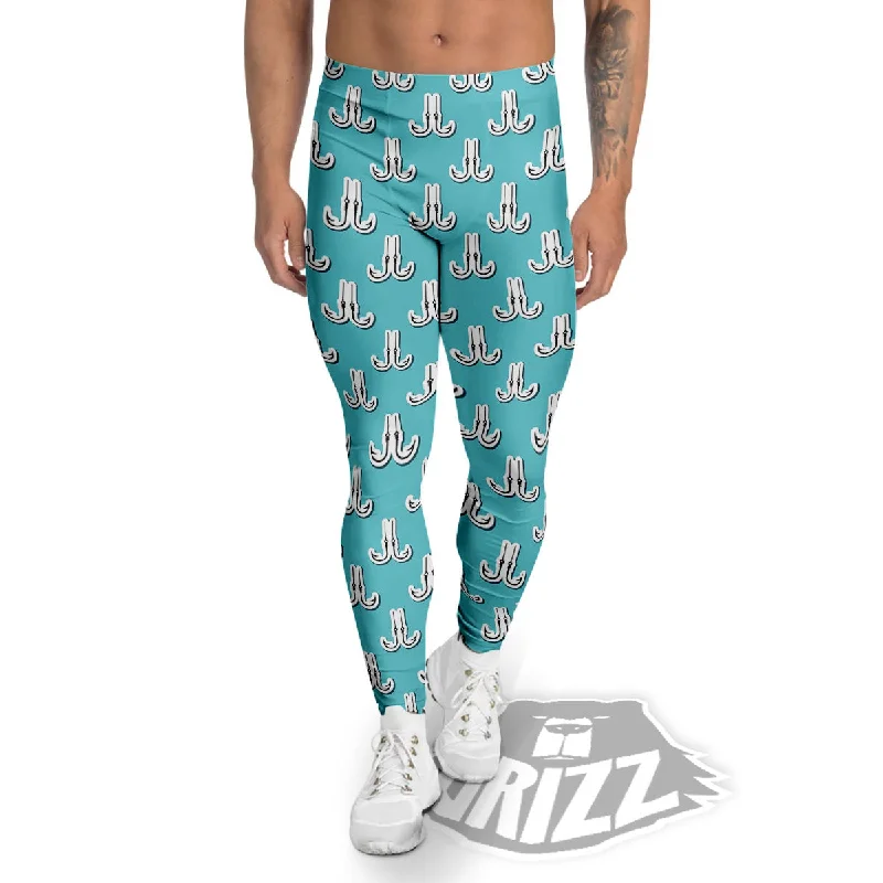 Blue Fish Hook Print Pattern Men's Leggings