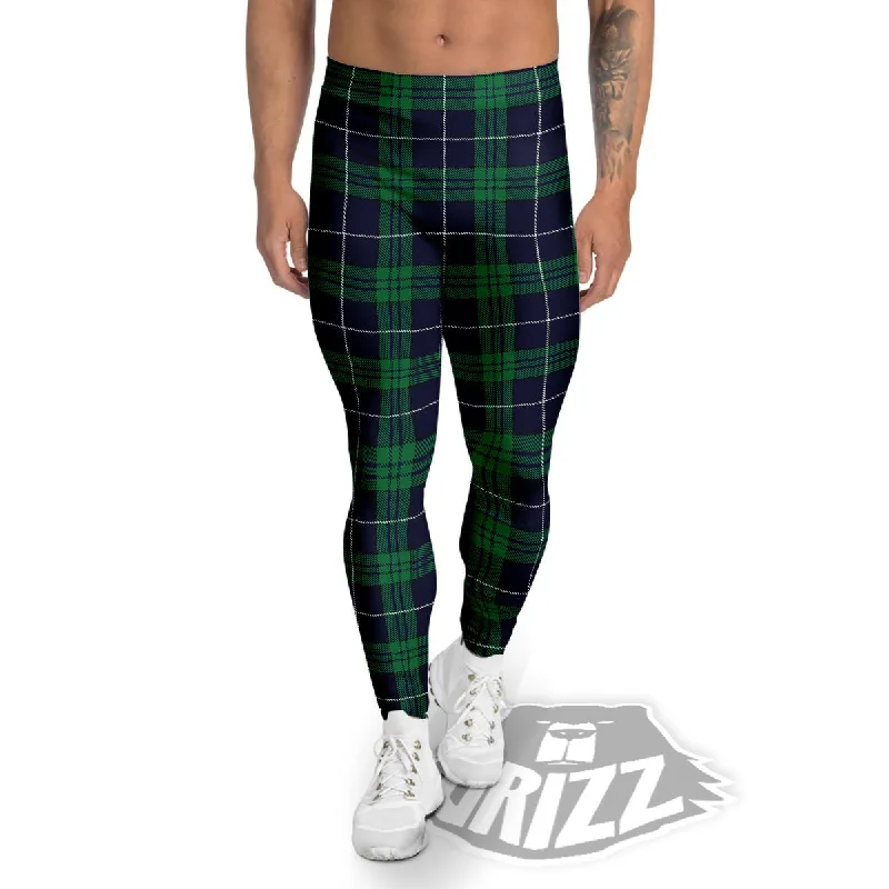 Blue Green And White Tartan Print Men's Leggings