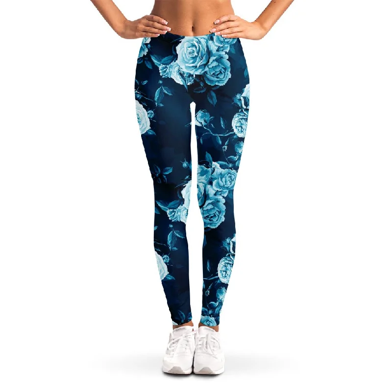 Blue Rose Floral Flower Pattern Print Women's Leggings