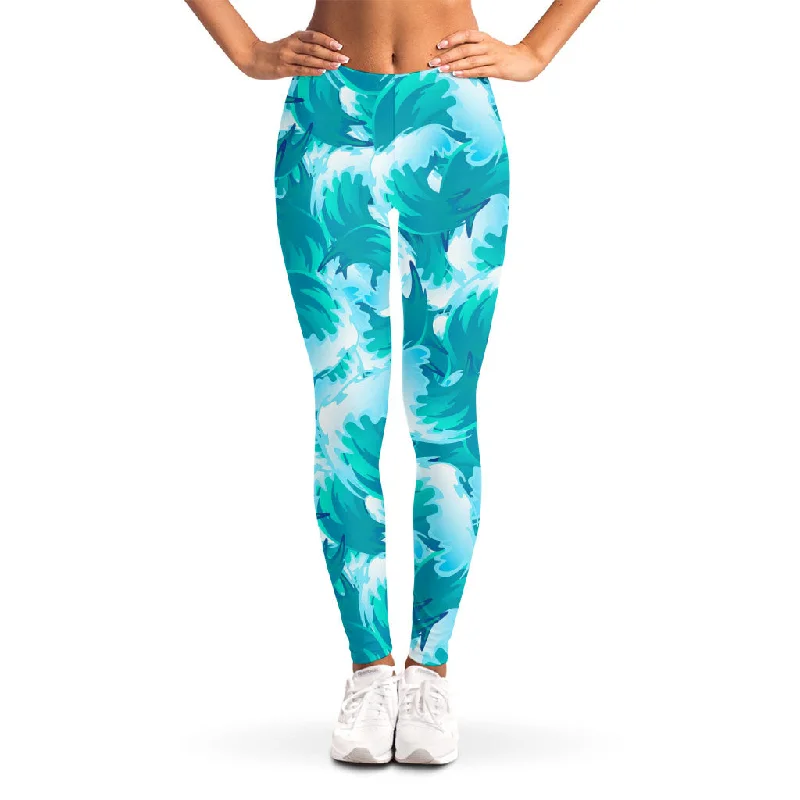 Blue Surfing Wave Pattern Print Women's Leggings