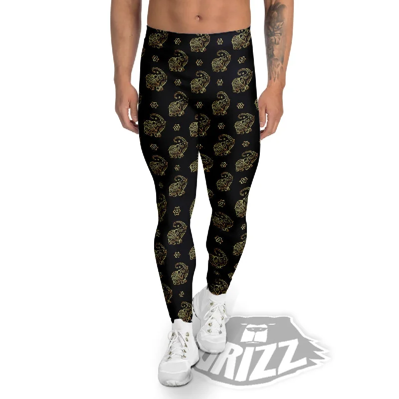 Boho Elephant Gold Cute Print Pattern Men's Leggings