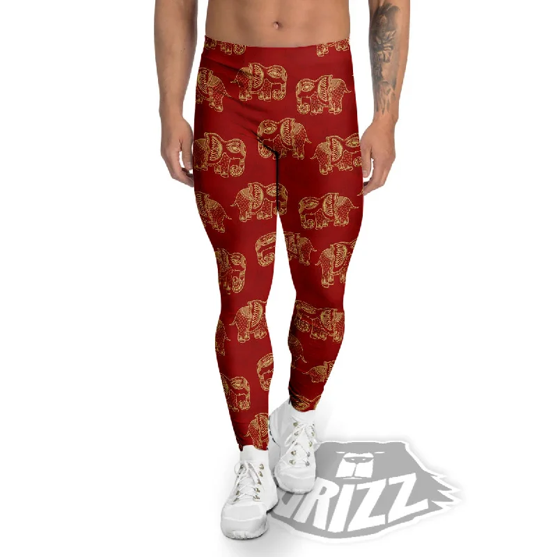 Boho Elephant Red And Gold Print Men's Leggings