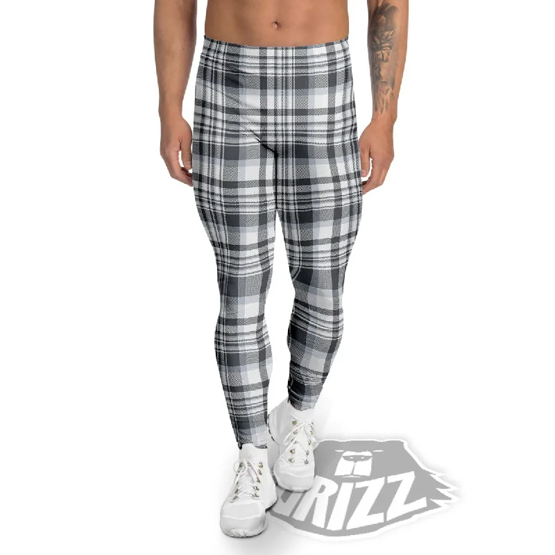 Border Tartan White And Grey Print Men's Leggings