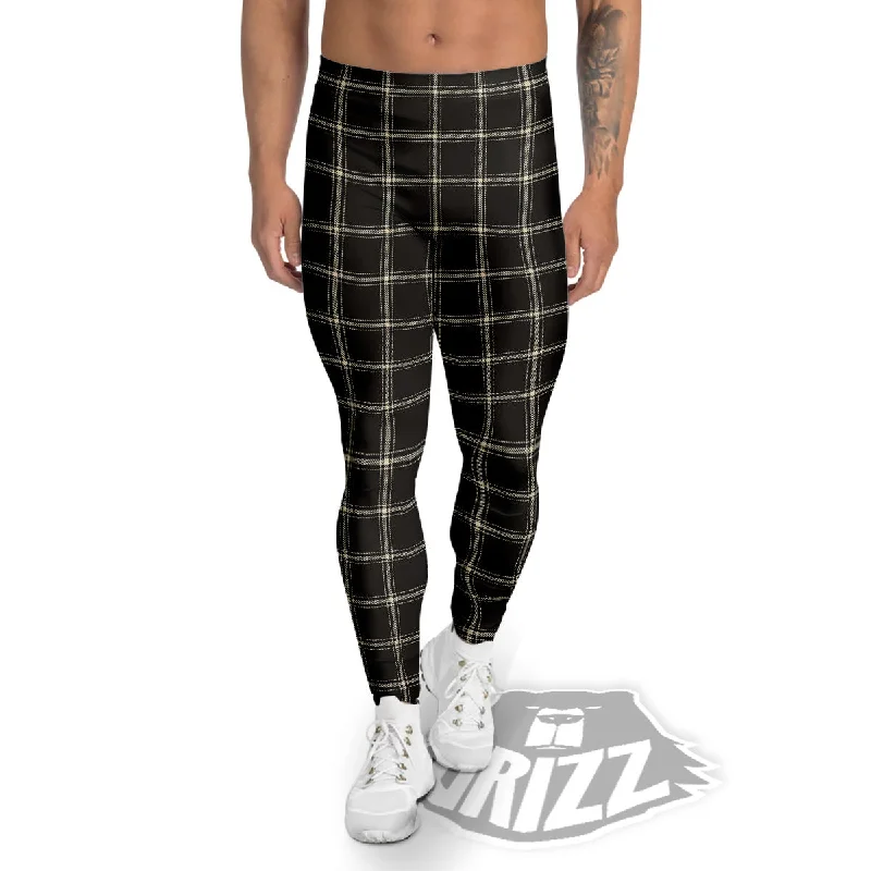 Brown Dark Check Print Pattern Men's Leggings