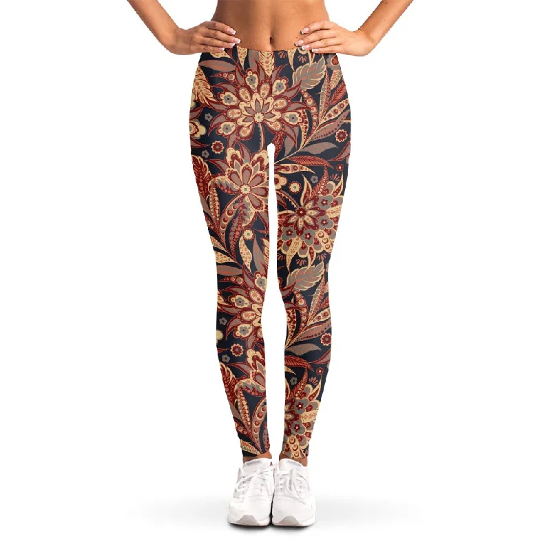 Brown Floral Bohemian Pattern Print Women's Leggings