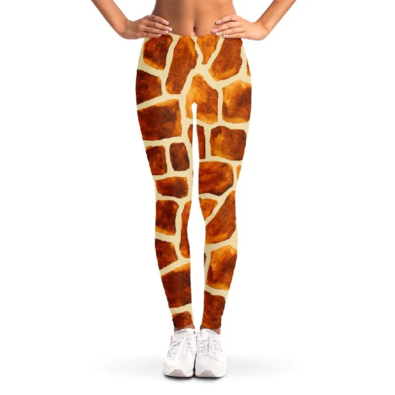 Brown Watercolor Giraffe Pattern Print Women's Leggings