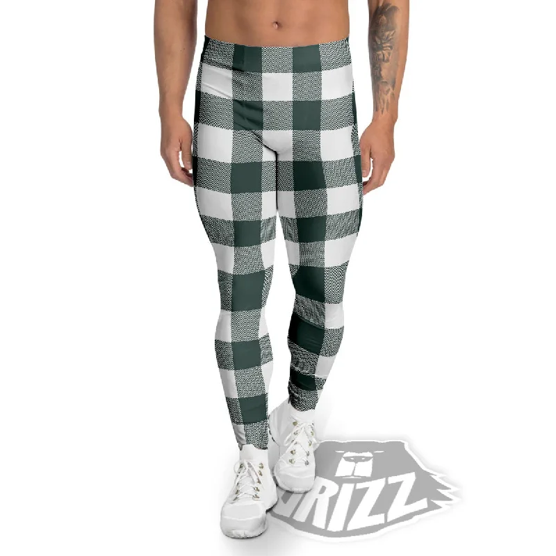 Buffalo Check White And Green Print Men's Leggings