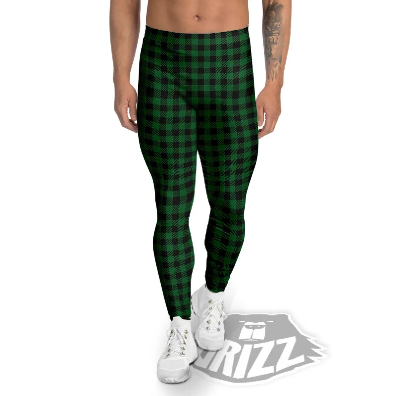 Buffalo Plaid Black And Green Print Men's Leggings