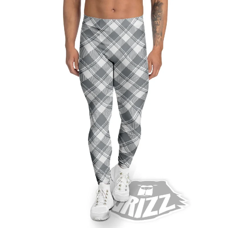 Buffalo Plaid Grey Print Pattern Men's Leggings