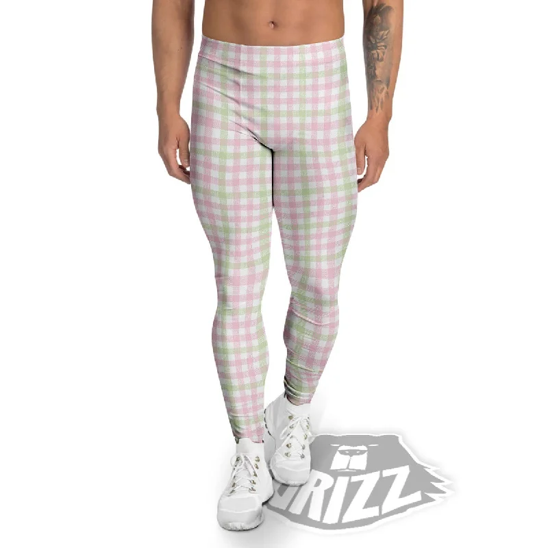 Buffalo Plaid Pink And Green Print Men's Leggings