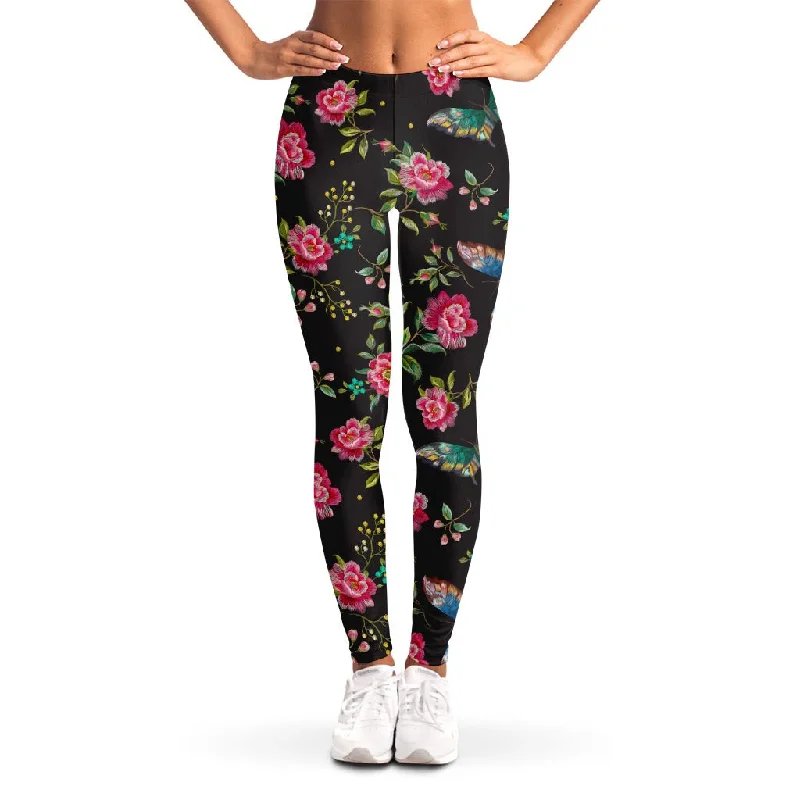 Butterfly And Flower Pattern Print Women's Leggings