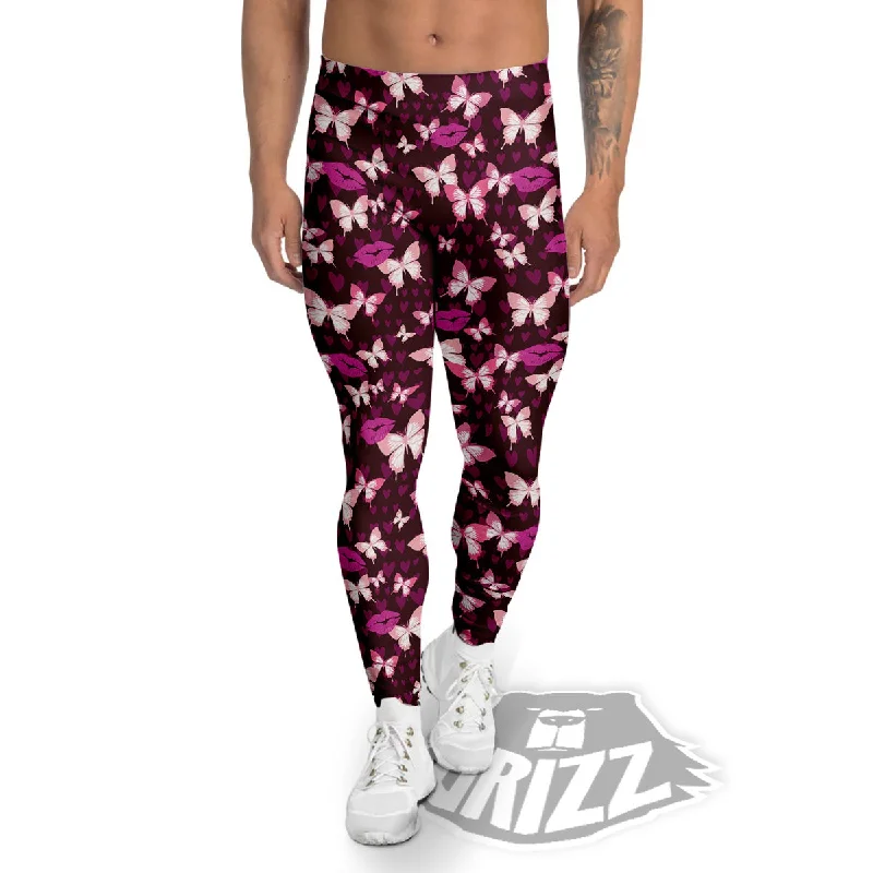 Butterfly And Girly Heart Print Pattern Men's Leggings