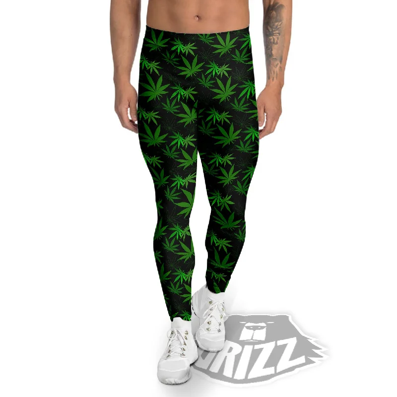 Cannabis Leaf Black And Green Print Men's Leggings