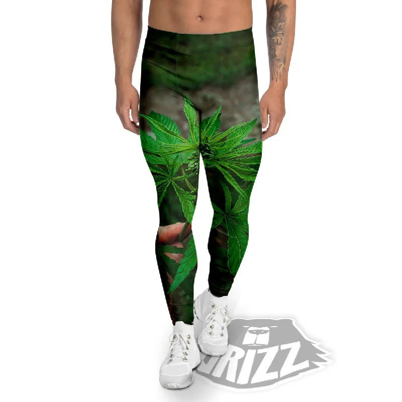 Cannabis Leaf Forest Green Print Men's Leggings