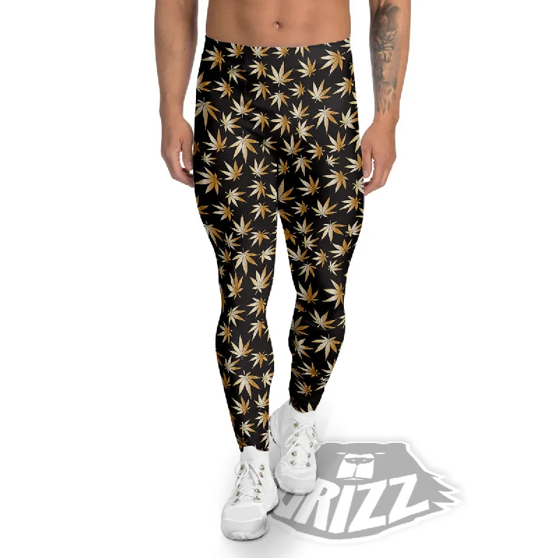 Cannabis Leaf Gold Print Pattern Men's Leggings