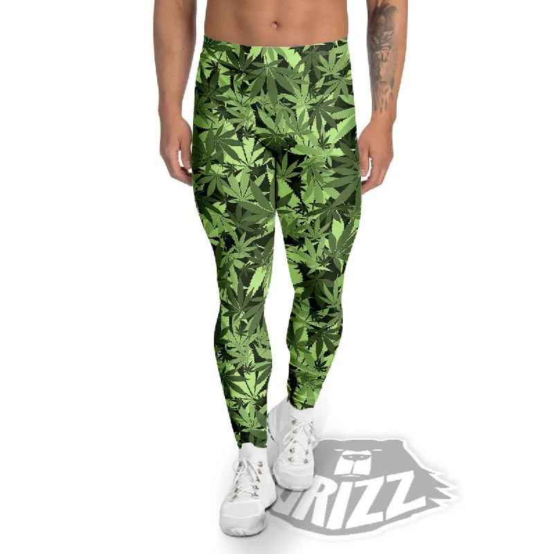 Cannabis Leaf Green Print Pattern Men's Leggings