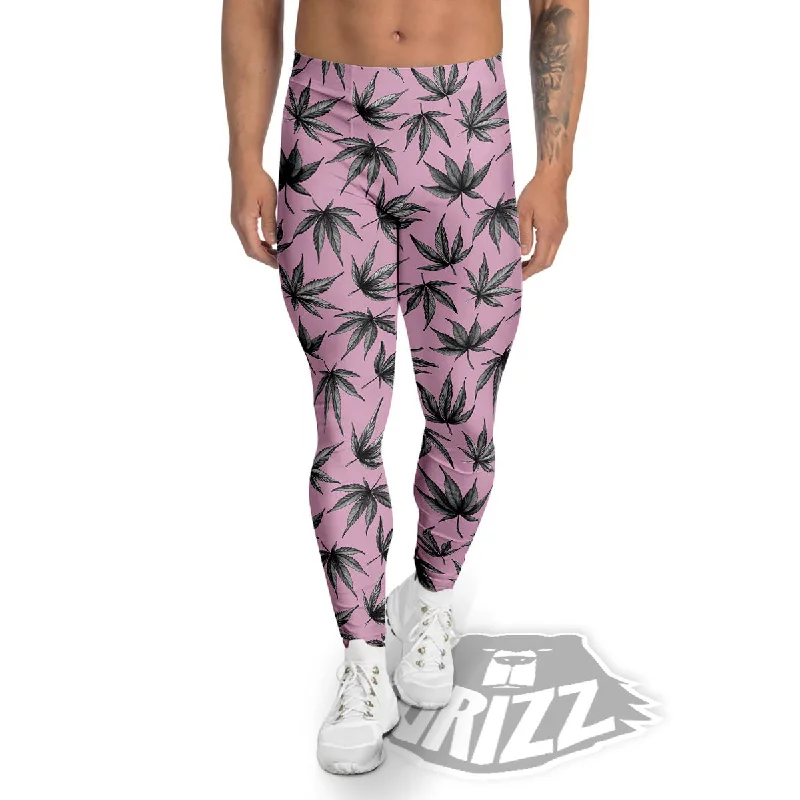 Cannabis Leaf Pink And Green Print Men's Leggings