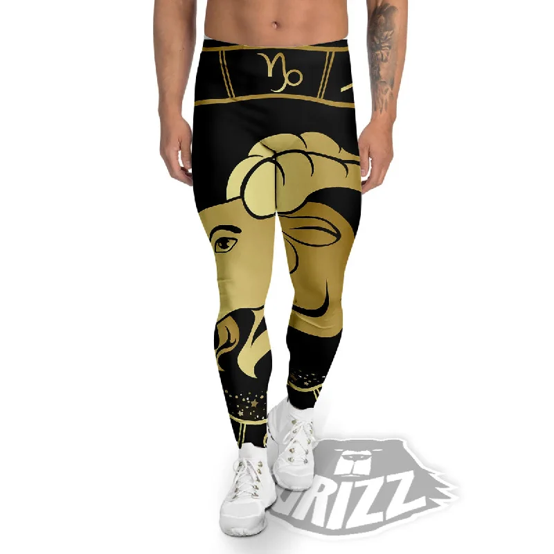 Capricorn Sign Black And Gold Print Men's Leggings