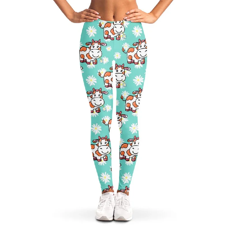 Cartoon Cow And Daisy Flower Print Women's Leggings