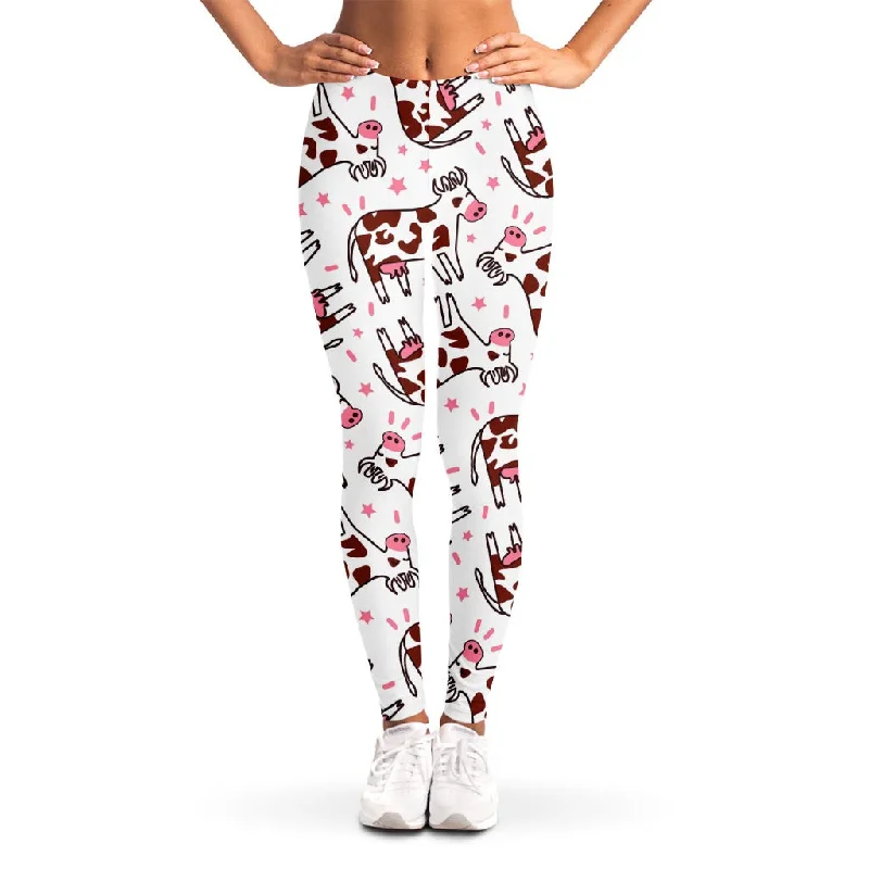 Cartoon Happy Dairy Cow Pattern Print Women's Leggings