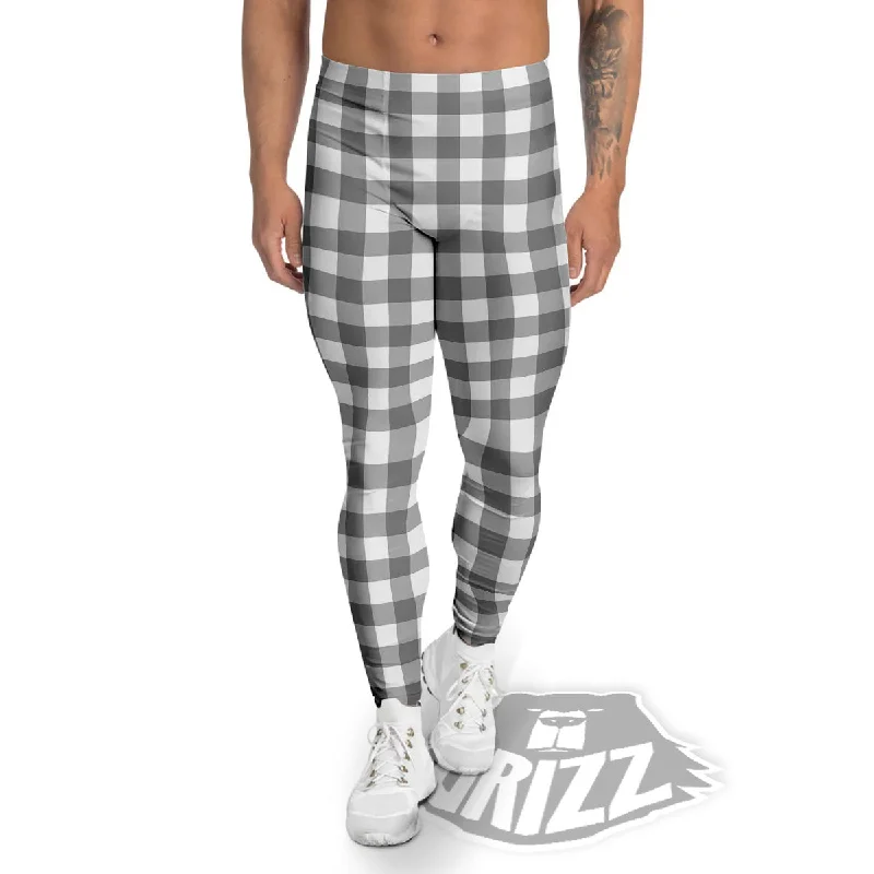 Check White And Grey Print Pattern Men's Leggings