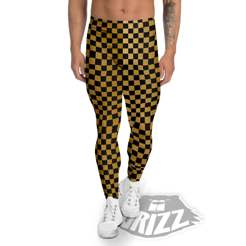 Checkered Black And Gold Print Pattern Men's Leggings