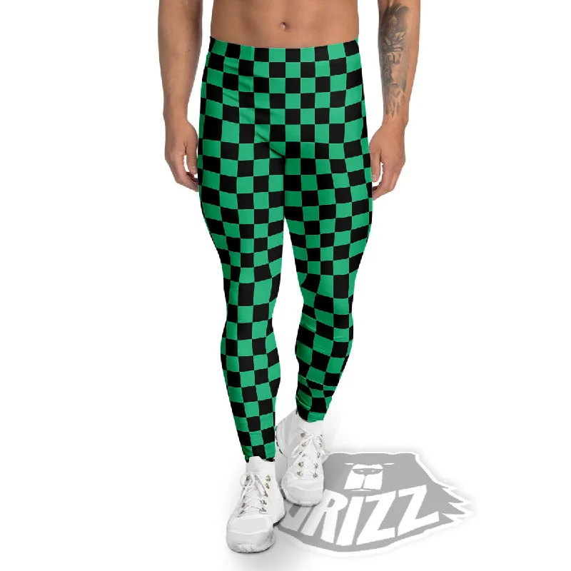 Checkered Black And Green Print Pattern Men's Leggings