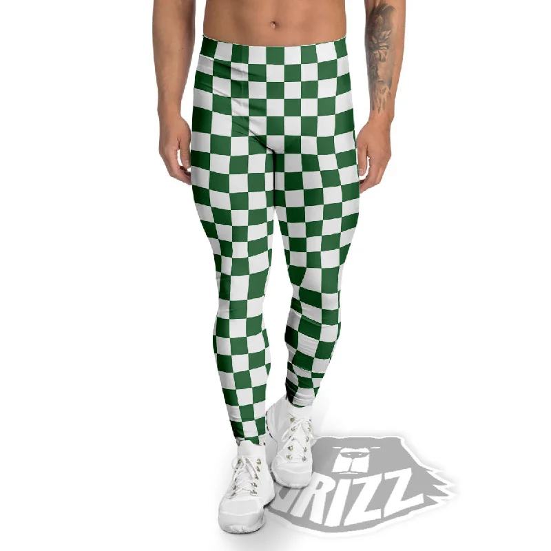 Checkered White And Green Print Pattern Men's Leggings