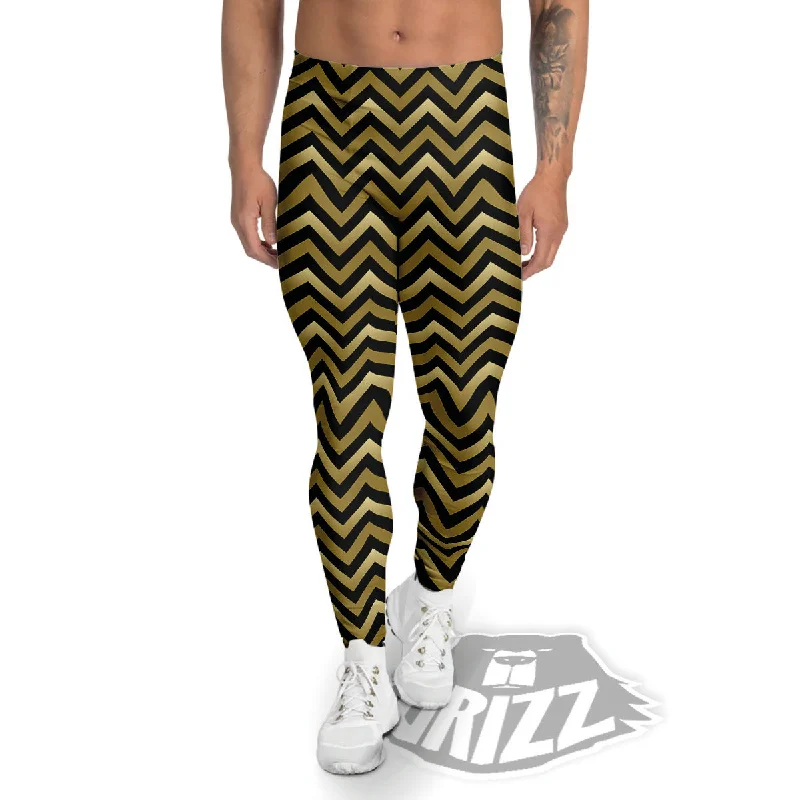 Chevron Black And Gold Print Pattern Men's Leggings