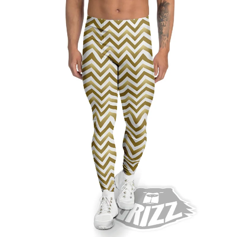 Chevron White And Gold Print Pattern Men's Leggings