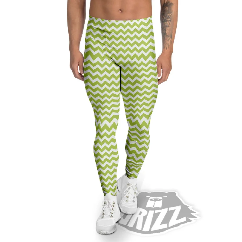 Chevron White And Green Print Pattern Men's Leggings