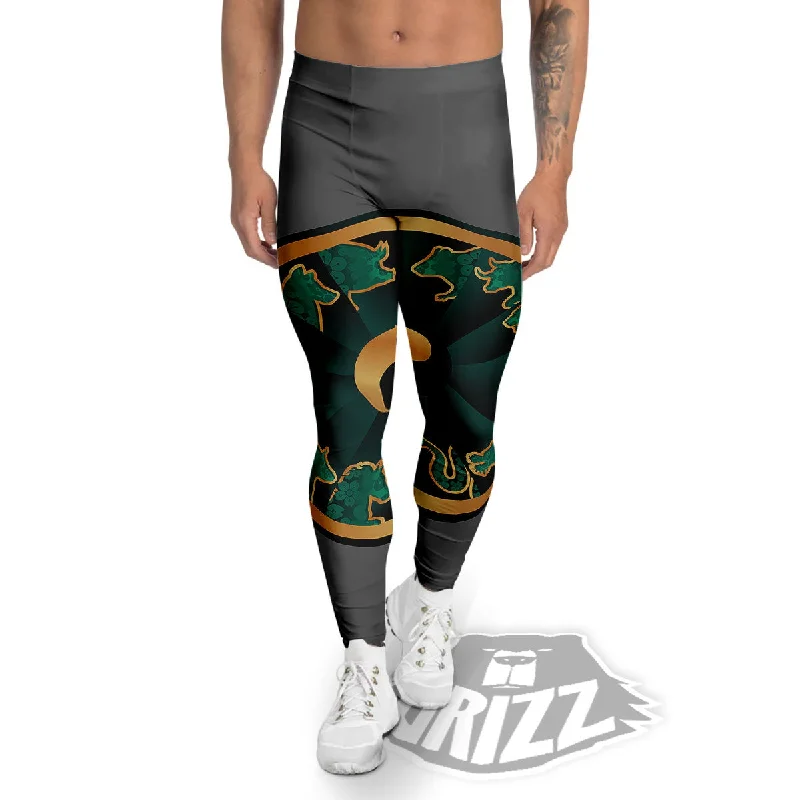 Chinese Zodiac Gold And Green Print Men's Leggings