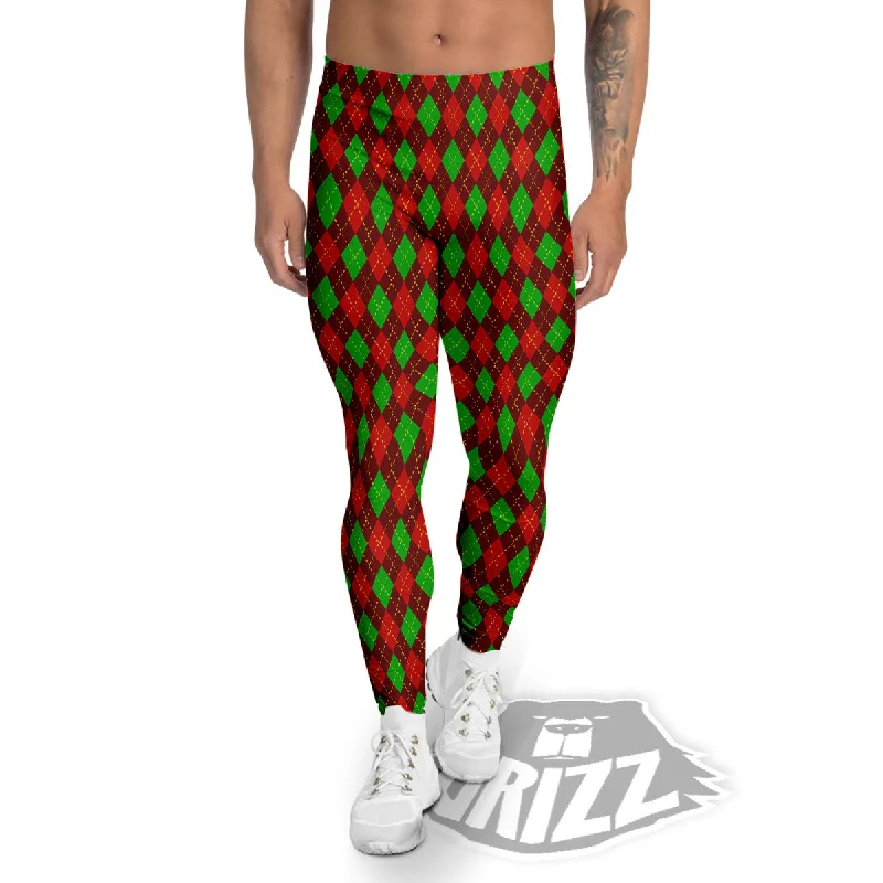 Christmas Argyle Red And Green Print Men's Leggings