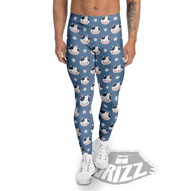 Cow Cute And Daisy Flower Print Pattern Men's Leggings