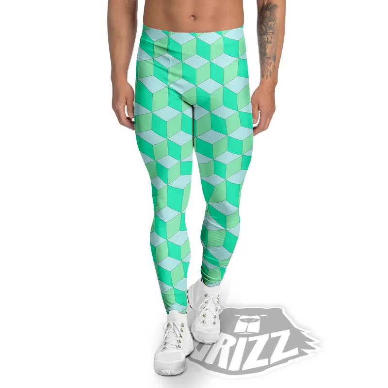 Cube Shape Green Geometric Print Pattern Men's Leggings