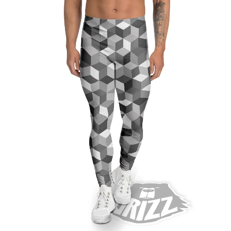 Cube Shape Grey Geometric Print Pattern Men's Leggings