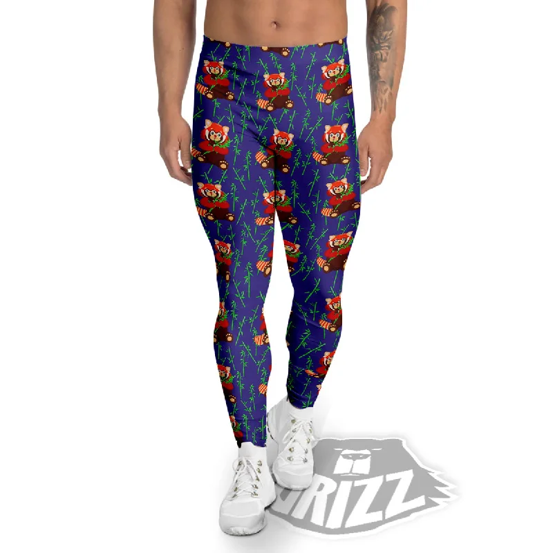 Cute Red Raccoon And Bamboo Print Pattern Men's Leggings