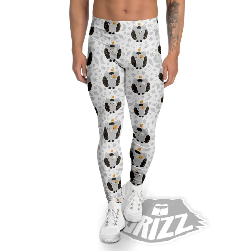 Cute White Grey Owl Print Pattern Men's Leggings