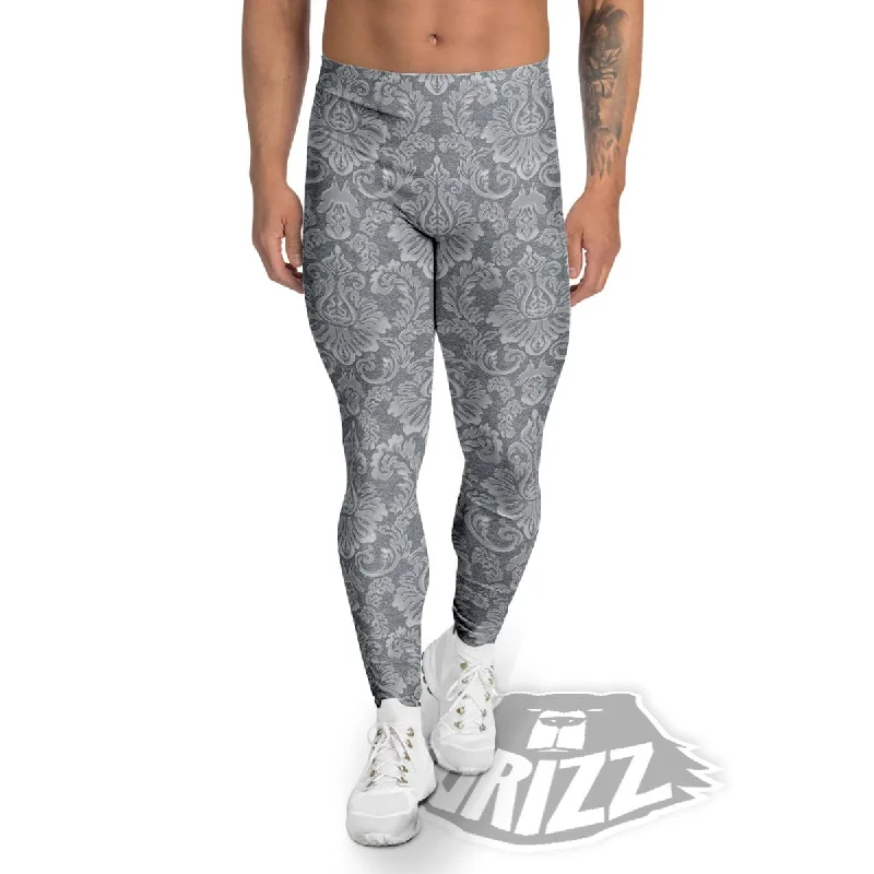 Damask Grey Print Pattern Men's Leggings