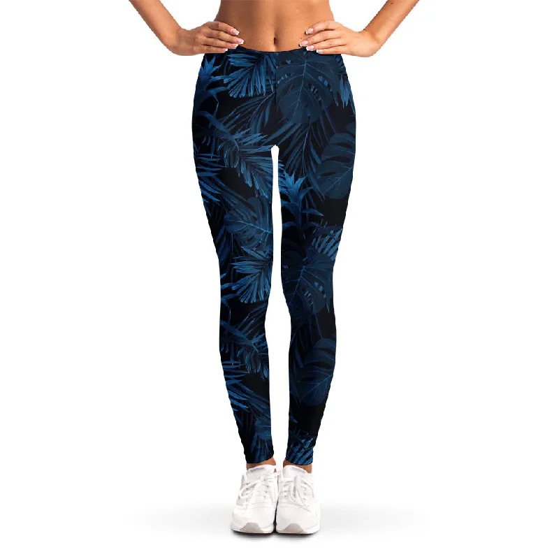 Dark Blue Tropical Leaf Pattern Print Women's Leggings