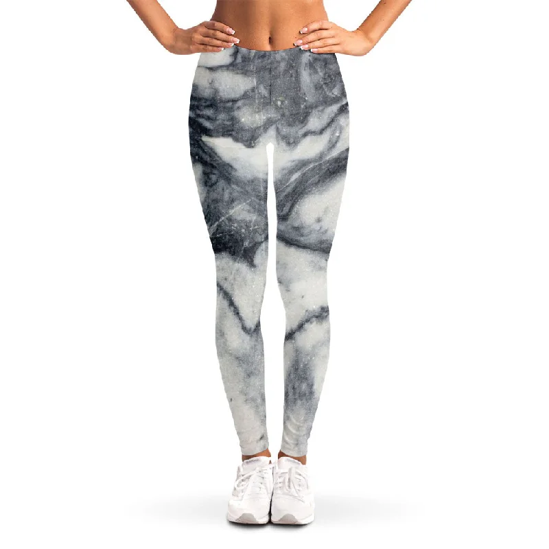 Dark Grey White Marble Print Women's Leggings