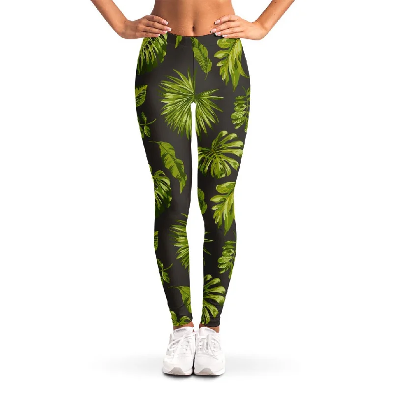 Dark Tropical Leaf Pattern Print Women's Leggings