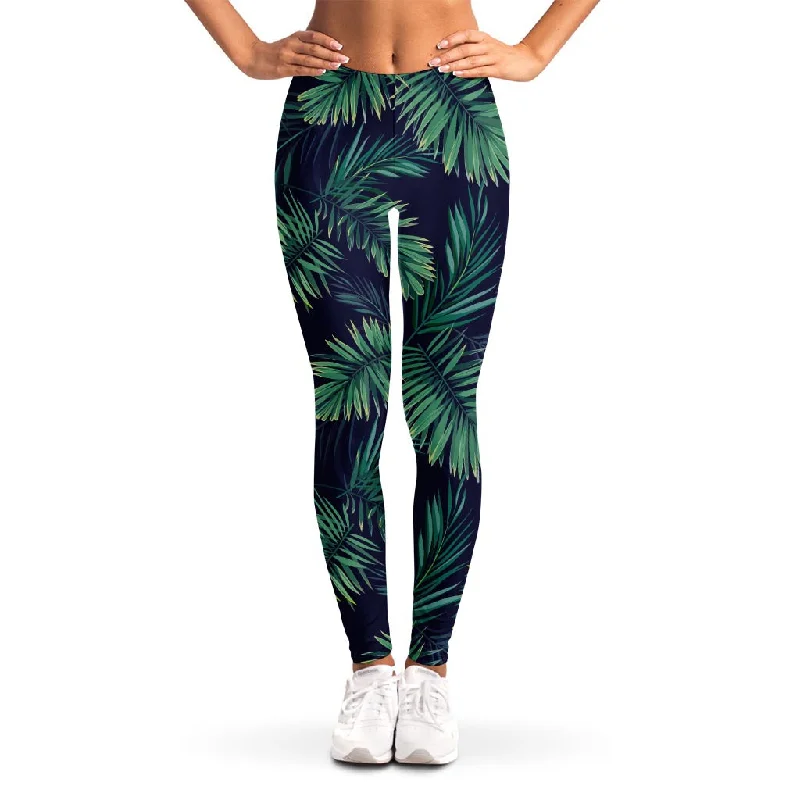 Dark Tropical Palm Leaf Pattern Print Women's Leggings