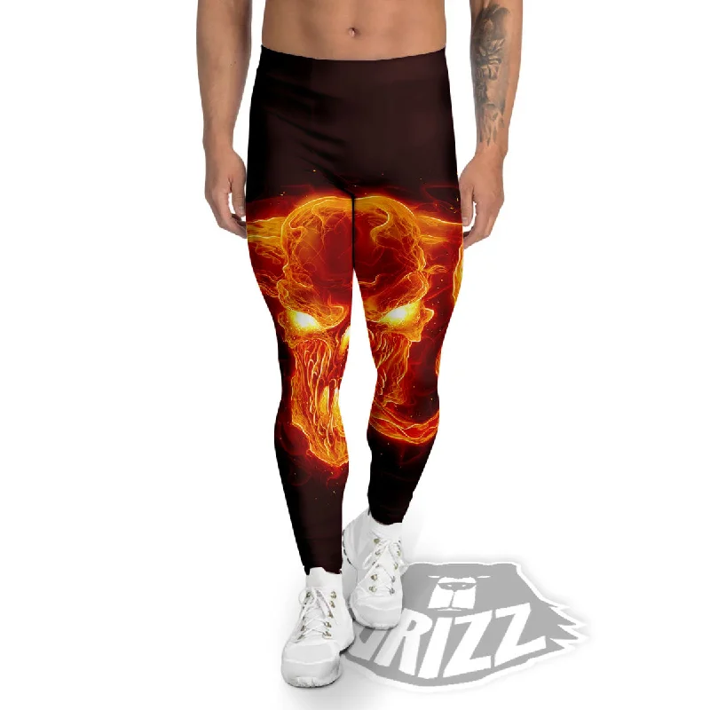 Demon Skull Flaming Print Men's Leggings